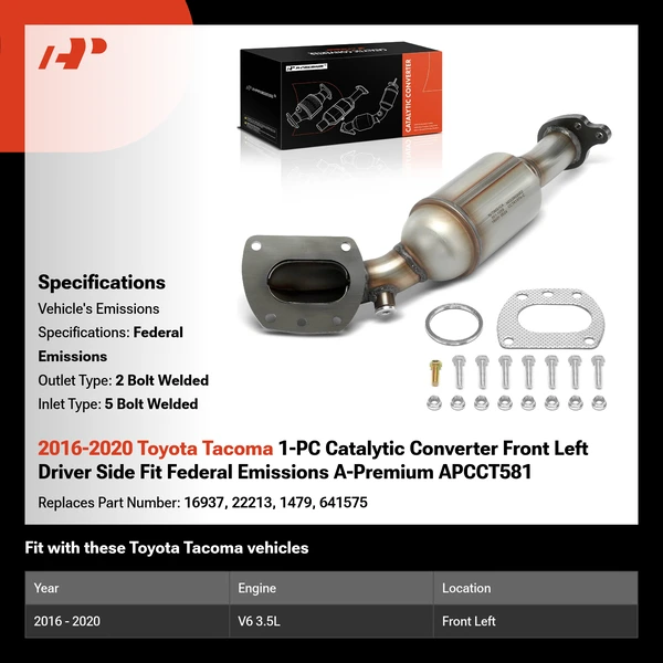 2016-2020 Toyota Tacoma 1-PC Catalytic Converter Front Left Driver Side Fit Federal Emissions A-Premium APCCT581