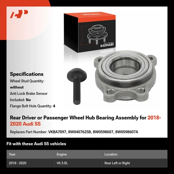 Rear Driver or Passenger Wheel Hub Bearing Assembly for 2018-2020 Audi S5