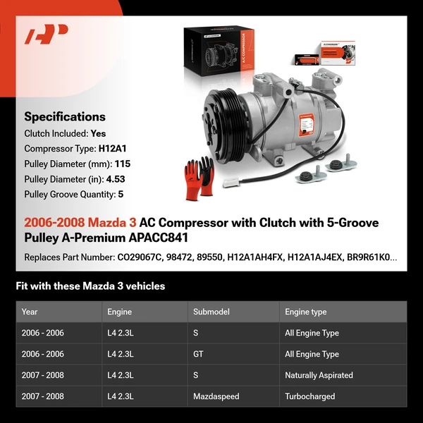 2006-2008 Mazda 3 AC Compressor with Clutch with 5-Groove Pulley A-Premium APACC841