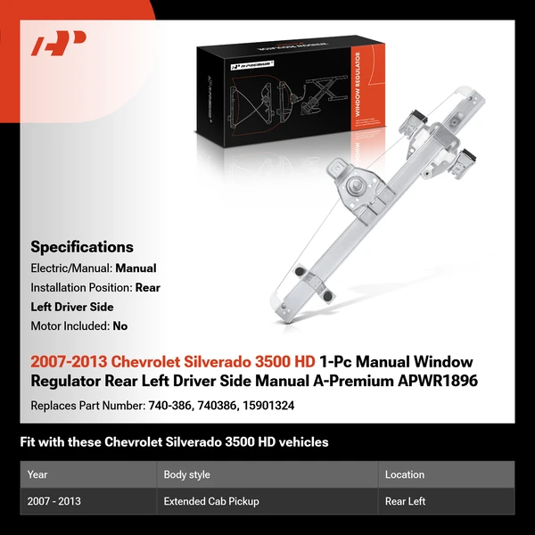 2007-2013 Chevrolet Silverado 3500 HD 1-Pc Manual Window Regulator Rear Left Driver Side Manual A-Premium APWR1896