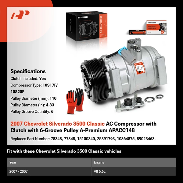 2007 Chevrolet Silverado 3500 Classic AC Compressor with Clutch with 6-Groove Pulley A-Premium APACC148