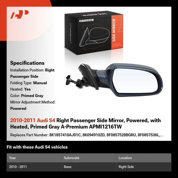 2010-2011 Audi S4 Right Passenger Side Mirror, Powered, with Heated, Primed Gray A-Premium APMI1216TW
