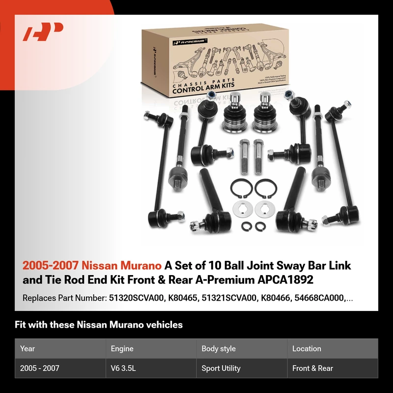2005-2007 Nissan Murano A Set of 10 Ball Joint Sway Bar Link and Tie Rod End Kit Front & Rear A-Premium APCA1892