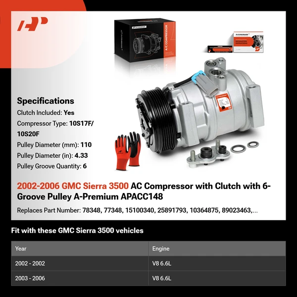 2002-2006 GMC Sierra 3500 AC Compressor with Clutch with 6-Groove Pulley A-Premium APACC148