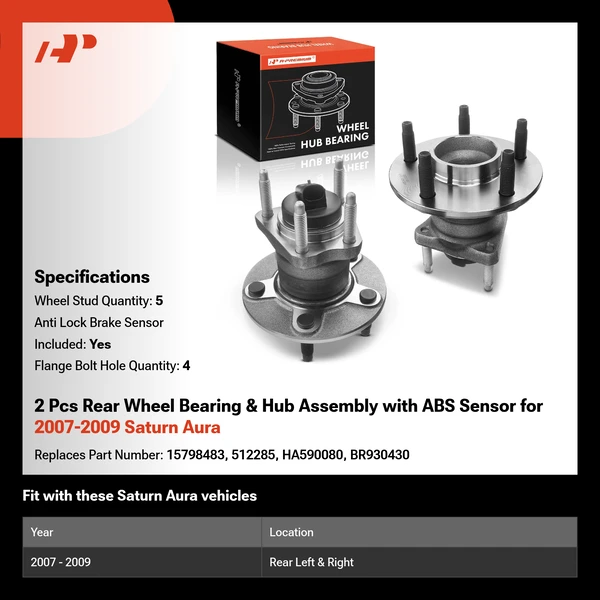 2 Pcs Rear Wheel Bearing & Hub Assembly with ABS Sensor for 2007-2009 Saturn Aura
