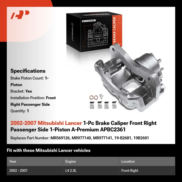 2002-2007 Mitsubishi Lancer 1-Pc Brake Caliper Front Right Passenger Side 1-Piston A-Premium APBC2361