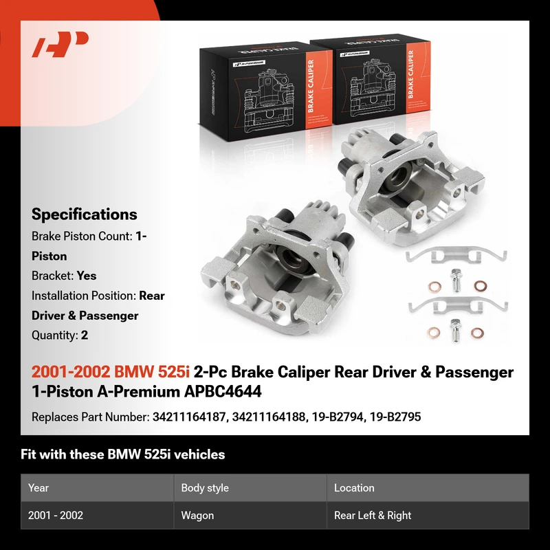 2001-2002 BMW 525i 2-Pc Brake Caliper Rear Driver & Passenger 1-Piston A-Premium APBC4644