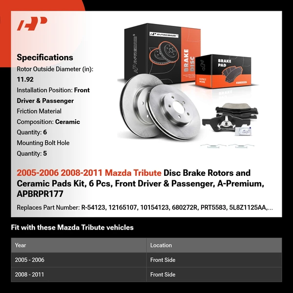 2005-2006 2008-2011 Mazda Tribute Disc Brake Rotors and Ceramic Pads Kit, 6 Pcs, Front Driver & Passenger, A-Premium, APBRPR177