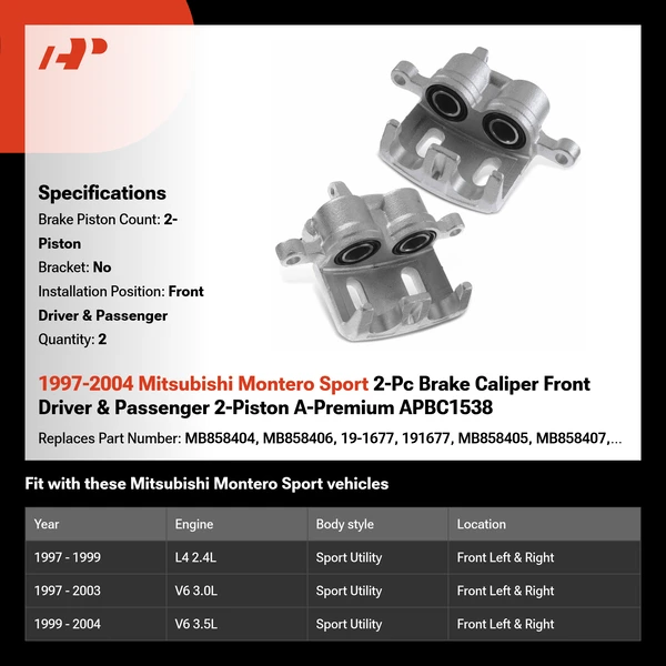 1997-2004 Mitsubishi Montero Sport 2-Pc Brake Caliper Front Driver & Passenger 2-Piston A-Premium APBC1538