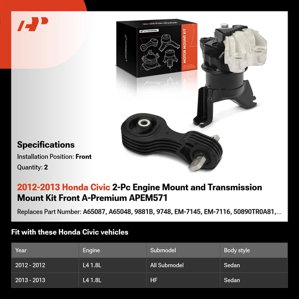 2012-2013 Honda Civic 2-Pc Engine Mount and Transmission Mount Kit Front A-Premium APEM571