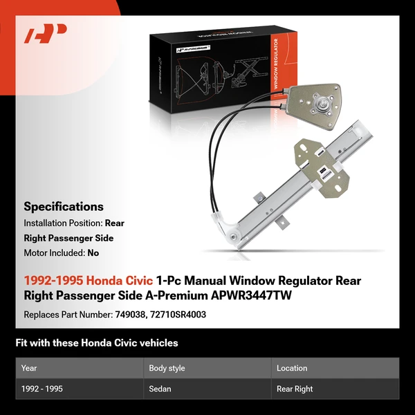 1992-1995 Honda Civic 1-Pc Manual Window Regulator Rear Right Passenger Side A-Premium APWR3447TW