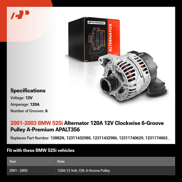 2001-2003 BMW 525i Alternator 120A 12V Clockwise 6-Groove Pulley A-Premium APALT356