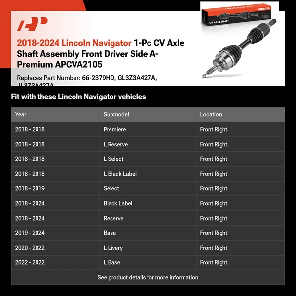 2018-2024 Lincoln Navigator 1-Pc CV Axle Shaft Assembly Front Driver Side A-Premium APCVA2105