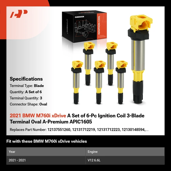 2021 BMW M760i xDrive A Set of 6-Pc Ignition Coil 3-Blade Terminal Oval A-Premium APIC1605