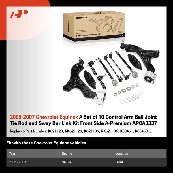 2005-2007 Chevrolet Equinox A Set of 10 Control Arm Ball Joint Tie Rod and Sway Bar Link Kit Front Side A-Premium APCA3337