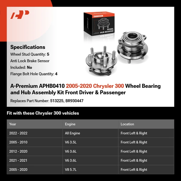 A-Premium APHB0410 2005-2020 Chrysler 300 Wheel Bearing and Hub Assembly Kit Front Driver & Passenger