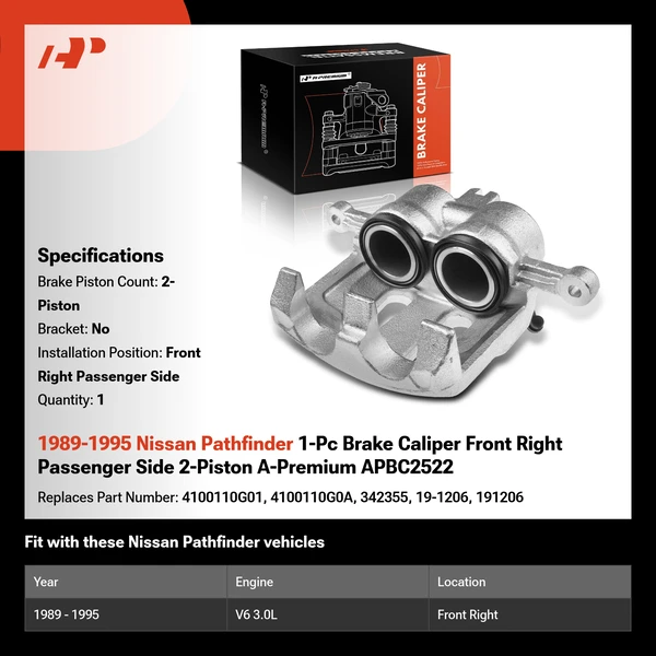 1989-1995 Nissan Pathfinder 1-Pc Brake Caliper Front Right Passenger Side 2-Piston A-Premium APBC2522