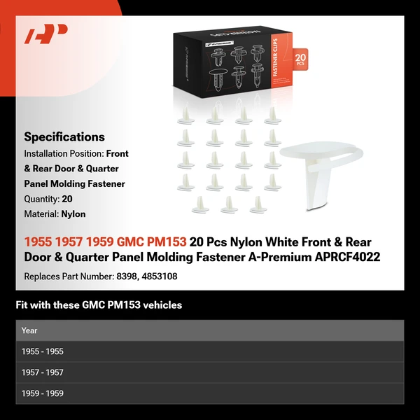 1955 1957 1959 GMC PM153 20 Pcs Nylon White Front & Rear Door & Quarter Panel Molding Fastener A-Premium APRCF4022