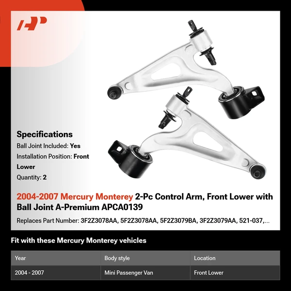 2004-2007 Mercury Monterey 2-Pc Control Arm, Front Lower with Ball Joint A-Premium APCA0139