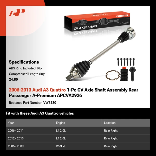 2006-2013 Audi A3 Quattro 1-Pc CV Axle Shaft Assembly Rear Passenger A-Premium APCVA2926