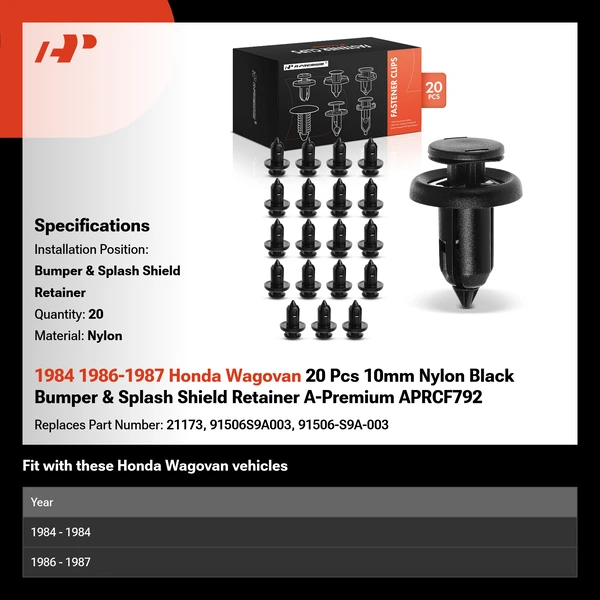 1984 1986-1987 Honda Wagovan 20 Pcs 10mm Nylon Black Bumper & Splash Shield Retainer A-Premium APRCF792