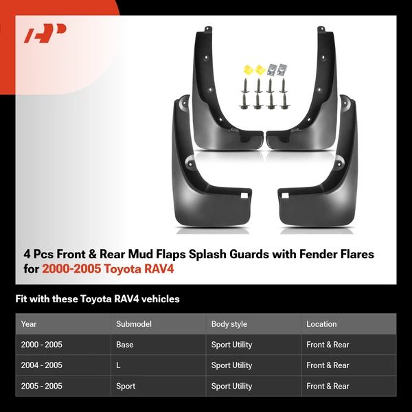 4 Pcs Front & Rear Mud Flaps Splash Guards with Fender Flares for 2000-2005 Toyota RAV4