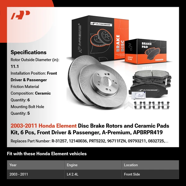 2003-2011 Honda Element Disc Brake Rotors and Ceramic Pads Kit, 6 Pcs, Front Driver & Passenger, A-Premium, APBRPR419
