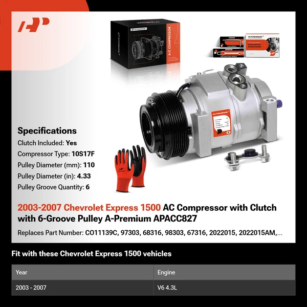 2003-2007 Chevrolet Express 1500 AC Compressor with Clutch with 6-Groove Pulley A-Premium APACC827