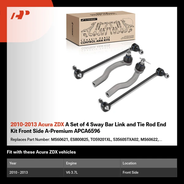 2010-2013 Acura ZDX A Set of 4 Sway Bar Link and Tie Rod End Kit Front Side A-Premium APCA6596