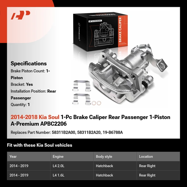 2014-2018 Kia Soul 1-Pc Brake Caliper Rear Passenger 1-Piston A-Premium APBC2206