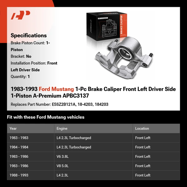 1983-1993 Ford Mustang 1-Pc Brake Caliper Front Left Driver Side 1-Piston A-Premium APBC3137