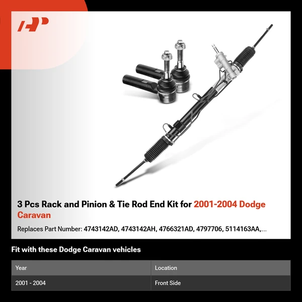 3 Pcs Rack and Pinion & Tie Rod End Kit for 2001-2004 Dodge Caravan