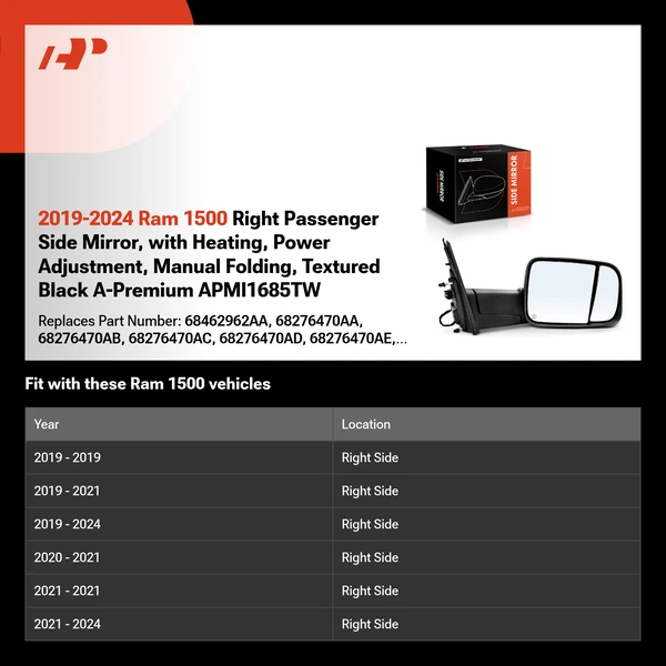 2019-2024 Ram 1500 Right Passenger Side Mirror, with Heating, Power Adjustment, Manual Folding, Textured Black A-Premium APMI1685TW