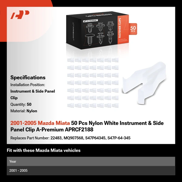 2001-2005 Mazda Miata 50 Pcs Nylon White Instrument & Side Panel Clip A-Premium APRCF2188