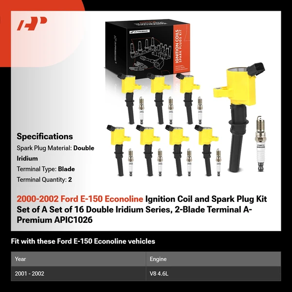 2000-2002 Ford E-150 Econoline Ignition Coil and Spark Plug Kit Set of A Set of 16 Double Iridium Series, 2-Blade Terminal A-Premium APIC1026
