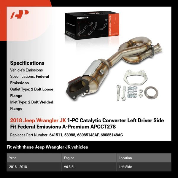 2018 Jeep Wrangler JK 1-PC Catalytic Converter Left Driver Side Fit Federal Emissions A-Premium APCCT278