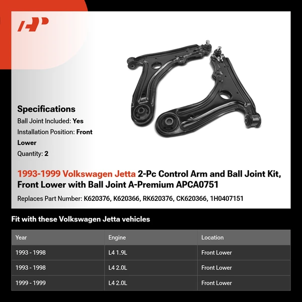 1993-1999 Volkswagen Jetta 2-Pc Control Arm and Ball Joint Kit, Front Lower with Ball Joint A-Premium APCA0751