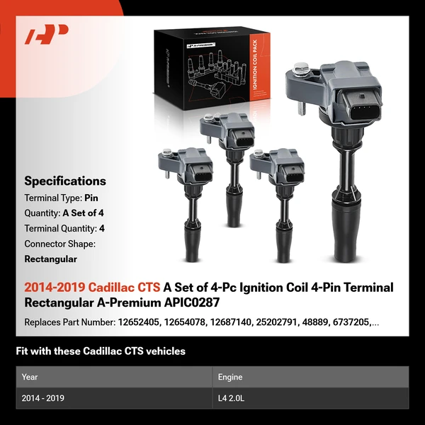 2014-2019 Cadillac CTS A Set of 4-Pc Ignition Coil 4-Pin Terminal Rectangular A-Premium APIC0287