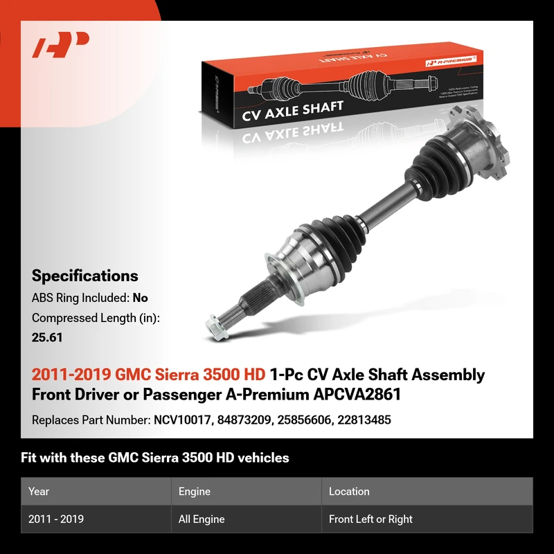2011-2019 GMC Sierra 3500 HD 1-Pc CV Axle Shaft Assembly Front Driver or Passenger A-Premium APCVA2861