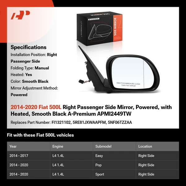 2014-2020 Fiat 500L Right Passenger Side Mirror, Powered, with Heated, Smooth Black A-Premium APMI2449TW