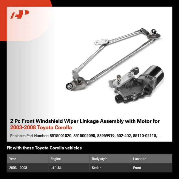 2 Pc Front Windshield Wiper Linkage Assembly with Motor for 2003-2008 Toyota Corolla