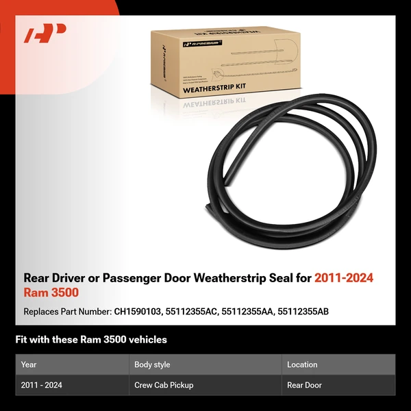 Rear Driver or Passenger Door Weatherstrip Seal for 2011-2024 Ram 3500