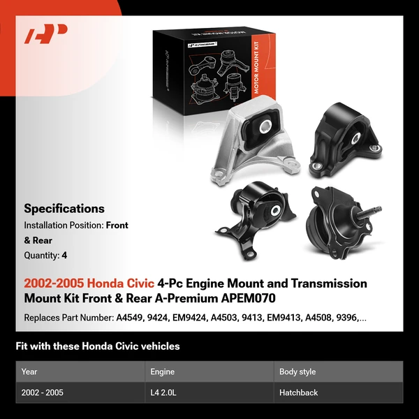 2002-2005 Honda Civic 4-Pc Engine Mount and Transmission Mount Kit Front & Rear A-Premium APEM070