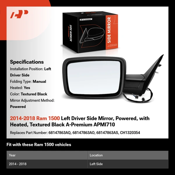 2014-2018 Ram 1500 Left Driver Side Mirror, Powered, with Heated, Textured Black A-Premium APMI710