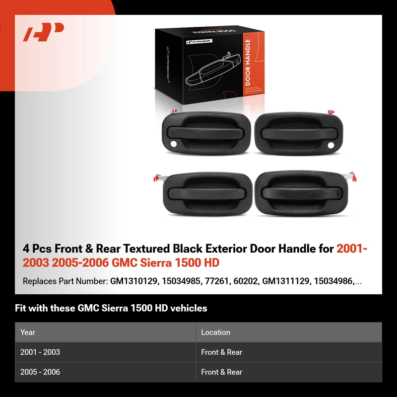 4 Pcs Front & Rear Textured Black Exterior Door Handle for 2001-2003 2005-2006 GMC Sierra 1500 HD