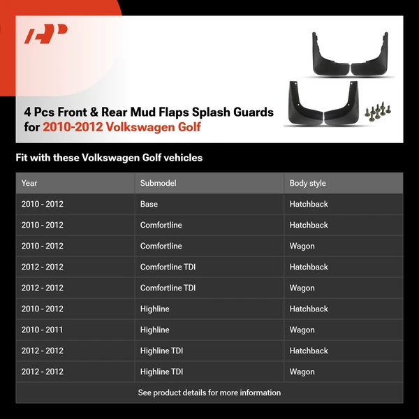 4 Pcs Front & Rear Mud Flaps Splash Guards for 2010-2012 Volkswagen Golf