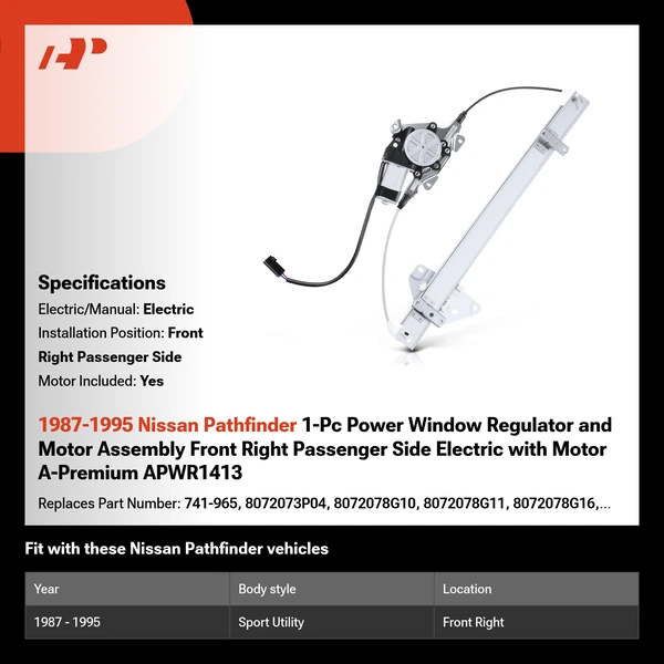 1987-1995 Nissan Pathfinder 1-Pc Power Window Regulator and Motor Assembly Front Right Passenger Side Electric with Motor A-Premium APWR1413