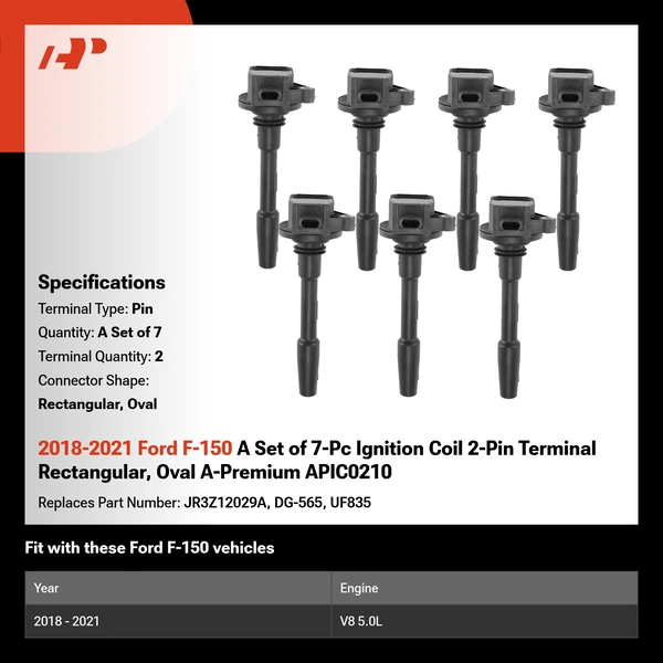 2018-2021 Ford F-150 A Set of 7-Pc Ignition Coil 2-Pin Terminal Rectangular, Oval A-Premium APIC0210