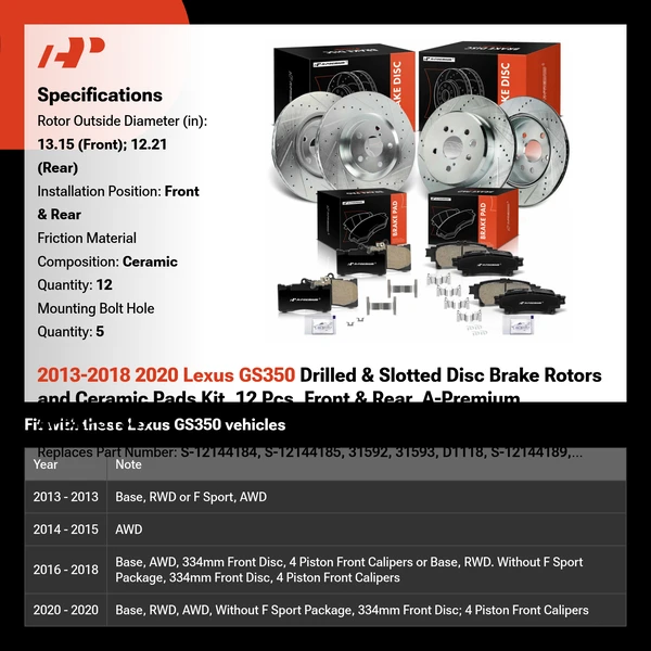 2013-2018 2020 Lexus GS350 Drilled & Slotted Disc Brake Rotors and Ceramic Pads Kit, 12 Pcs, Front & Rear, A-Premium, APBRPS1347
