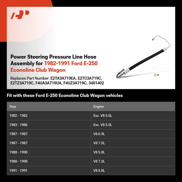 Power Steering Pressure Line Hose Assembly for 1982-1991 Ford E-250 Econoline Club Wagon